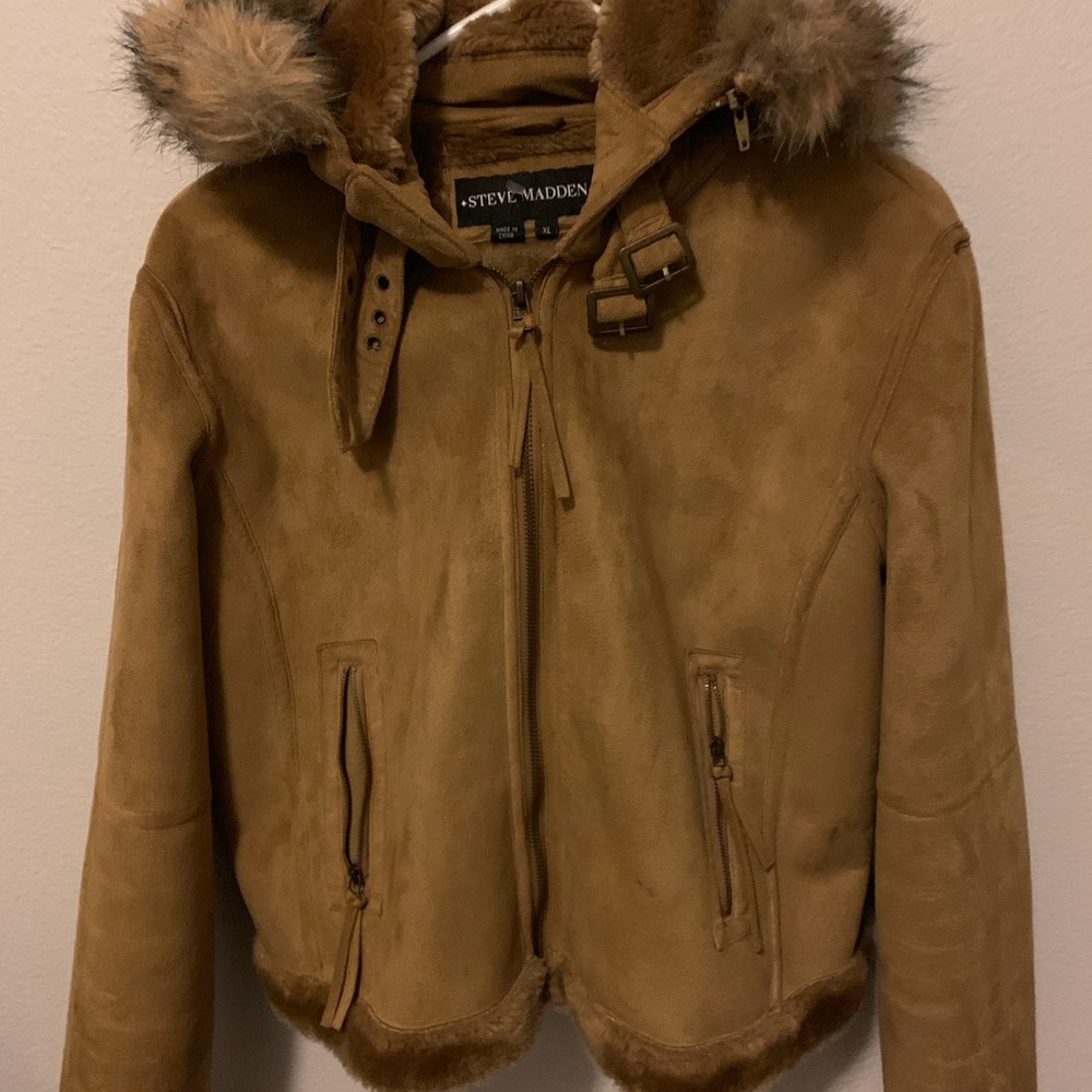 Camel color suede bomber jacket